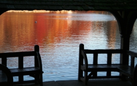 Gazebo view of The Lake in Central Park during autumn