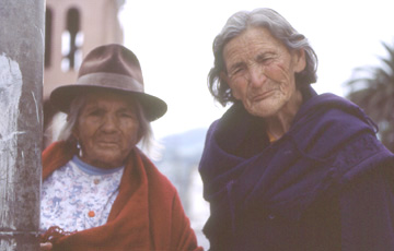 Closer view of two elderly women in Otavalo, 1984